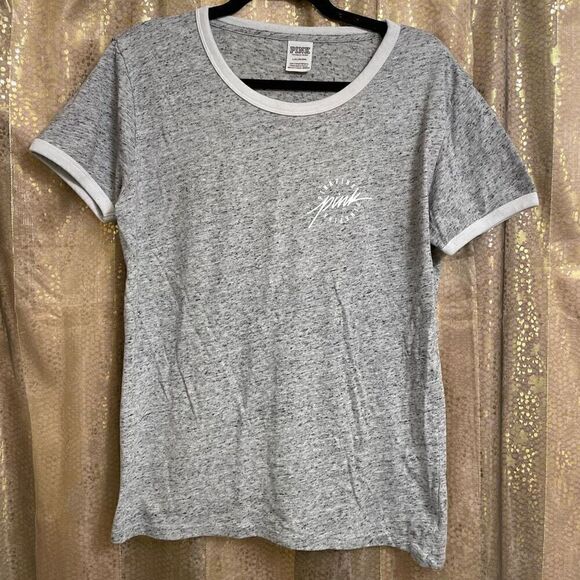 PINK Victorias Secret Heather Gray White Ringer Stretchy T Shirt Large - Picture 1 of 5